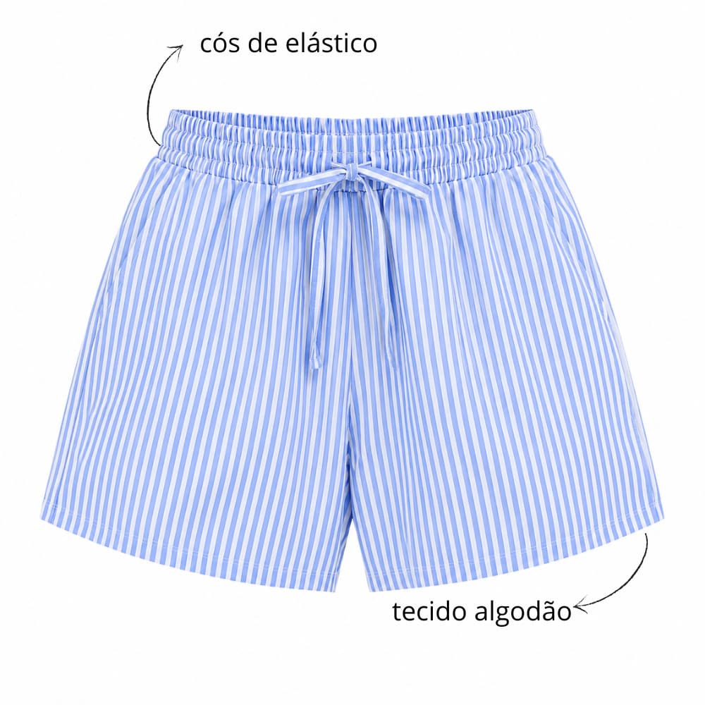 short feminino casual soltinho listrado cintura alta com elástico, algodão