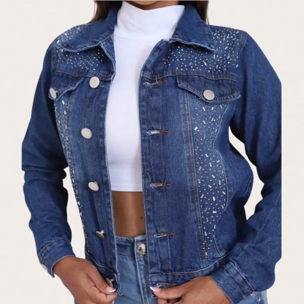 Jaqueta Jeans Feminina Strass Brilho Lavagem Média Manga Longa Design Casual Moderno Atemporal