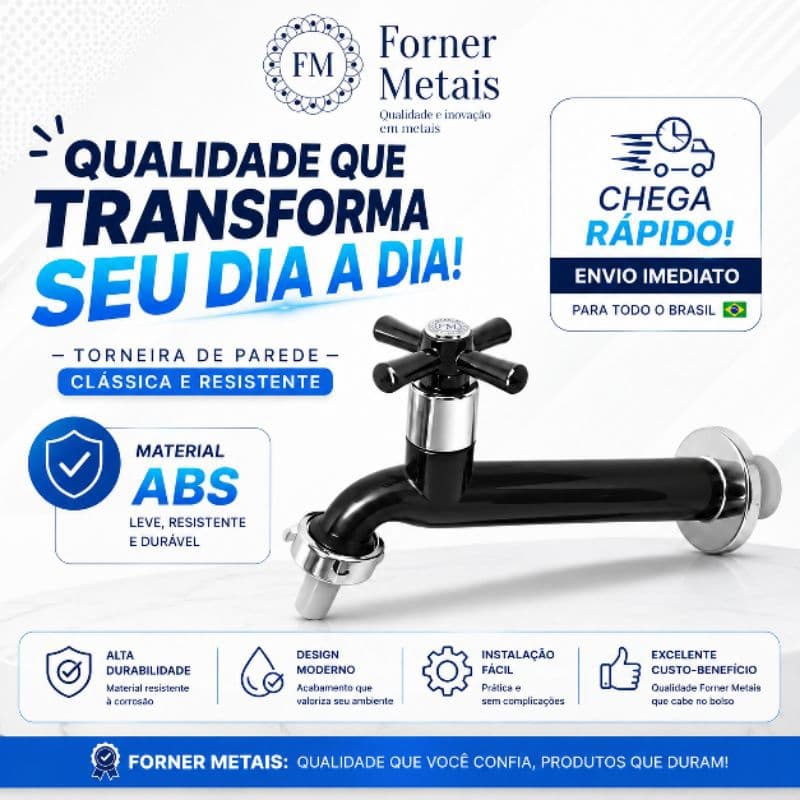 Torneira Longa em ABS de Parede Para Jardim e Lavanderia  com Bico 3/4 Preta - 1058