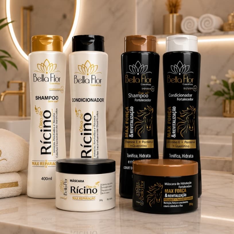 2 Kits Capilares Rícino e Força 6 Produtos Shampoo Condicionador Máscara Bella Flor Hidratação Brilho Profissional
