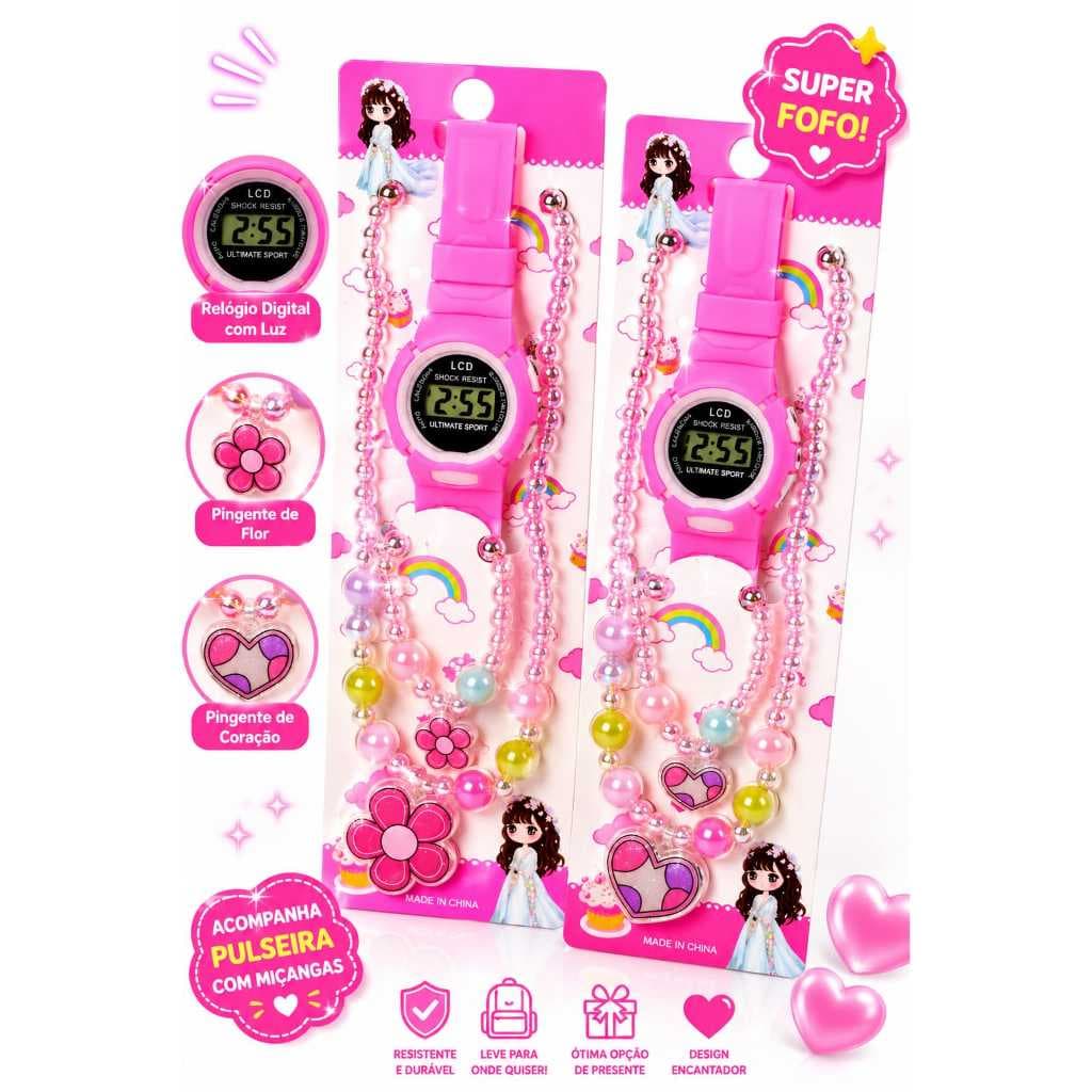 Kit Princesa Encantada – Relógio + Colar + Pulseira Infantil