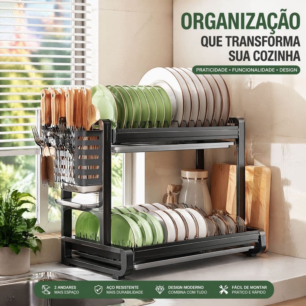 Escorredor Louças Cozinha Duplo Andar Organizador de Pia Compacto Preto Fosco Não Enferruja