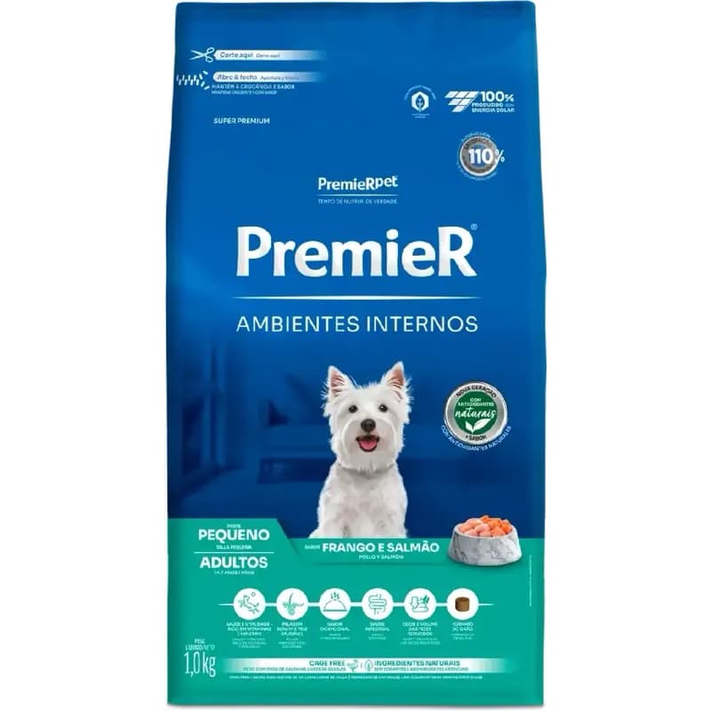 Ração Premier Pet Ambientes Internos Cães Adultos Frango e Salmão 1KG