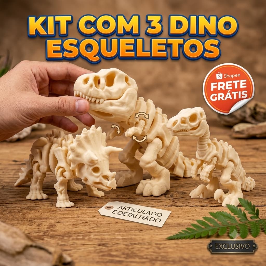 Kit 3 Dinossauros Articulados Coleção Pré-Histórica T-Rex Triceratops e Velociraptor Decorativo