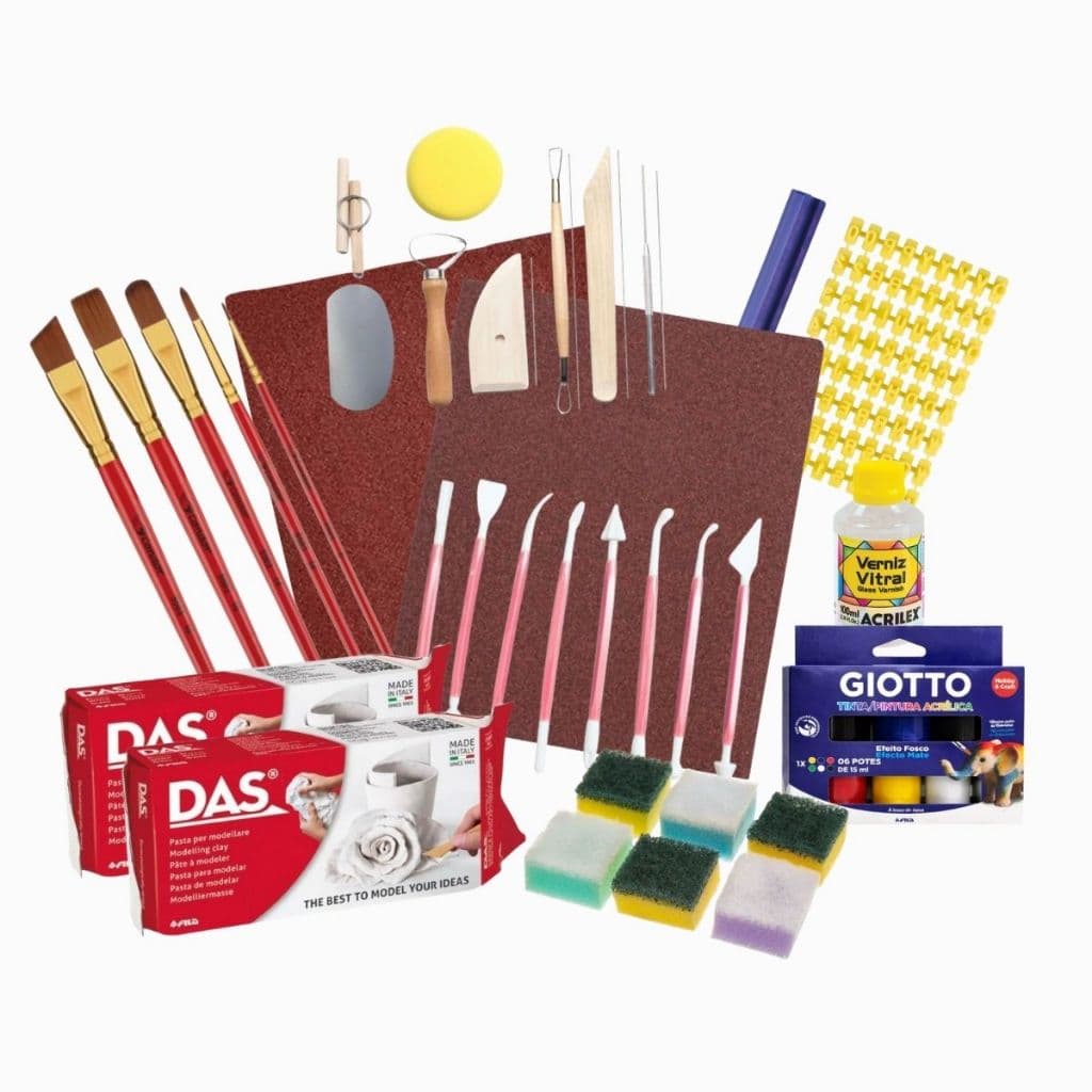 Kit 2 Massa Cerâmica DAS 1kg Estecas Tintas e Ferramentas