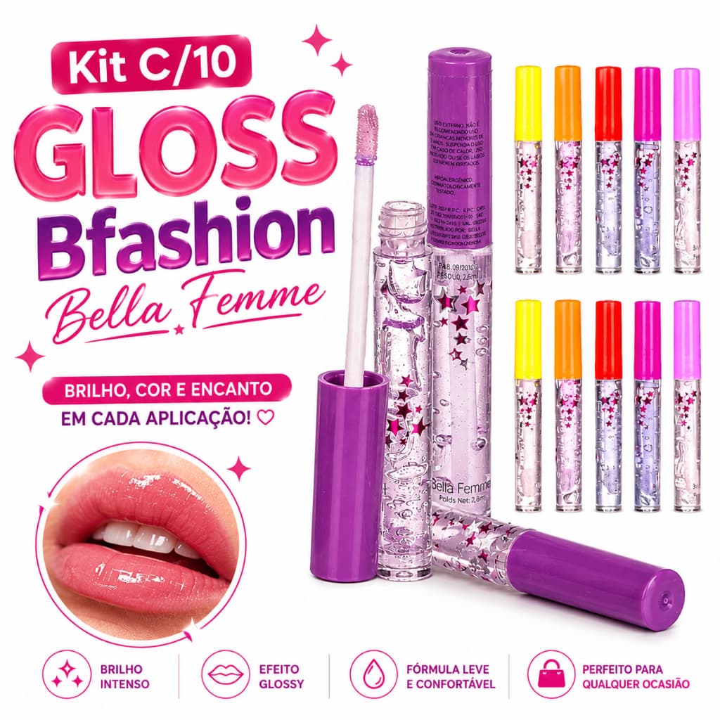 Kit C/10 Gloss Brilho Labial Bfashion Tutti Fruit Bella Femme Gloss Infantil