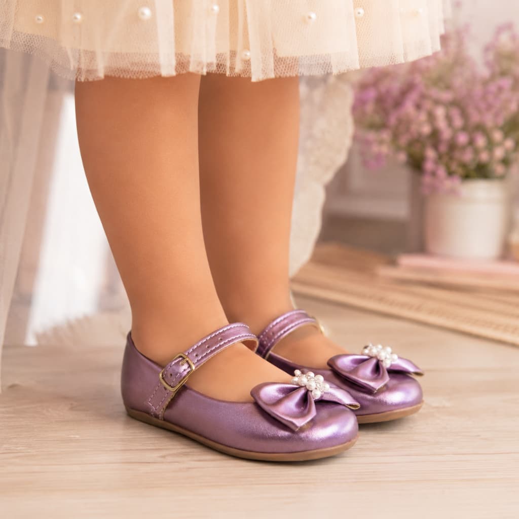Sapatilha Infantil Menina Metalizada Laço com Pérolas Luxo Festa Antiderrapante