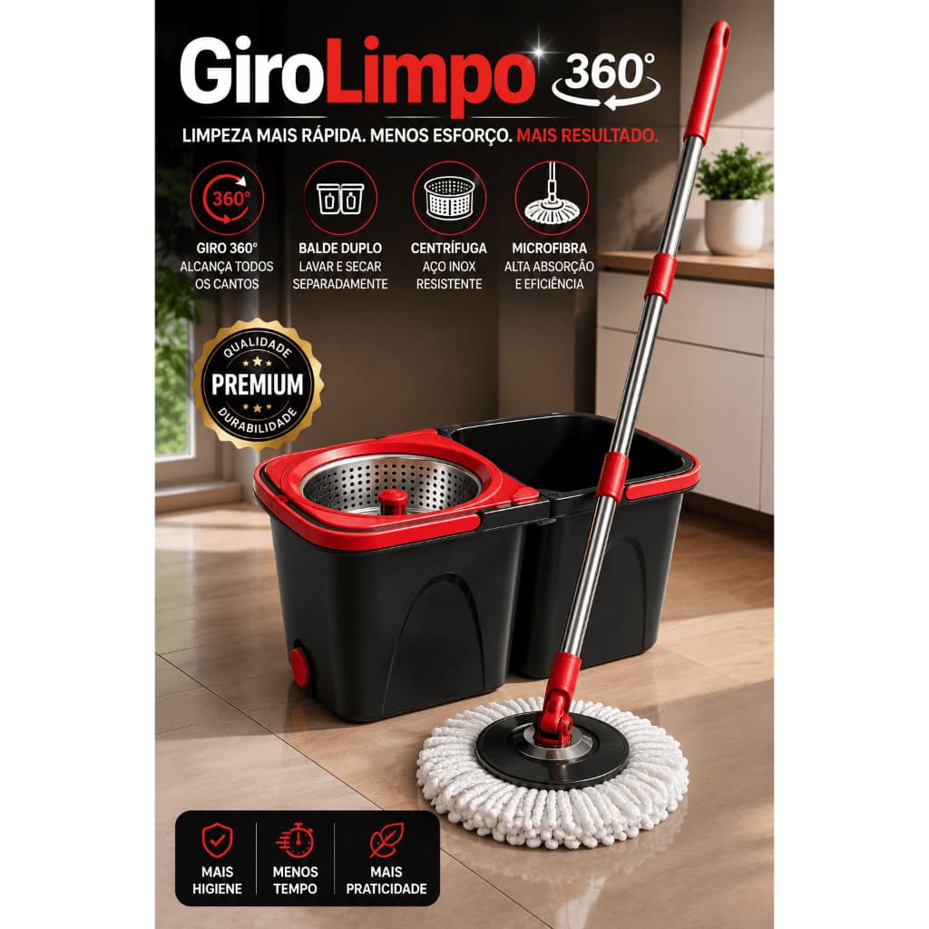 Mop Giratório      GiroLimpo™ 360   Limpeza mais rápida. Menos esforço. Mais resultado