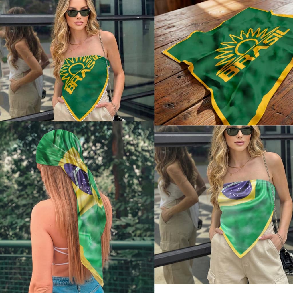 Lenço Feminino Multifuncional Estampa Bandeira do Brasil Cetim Toque Suave 90x90cm