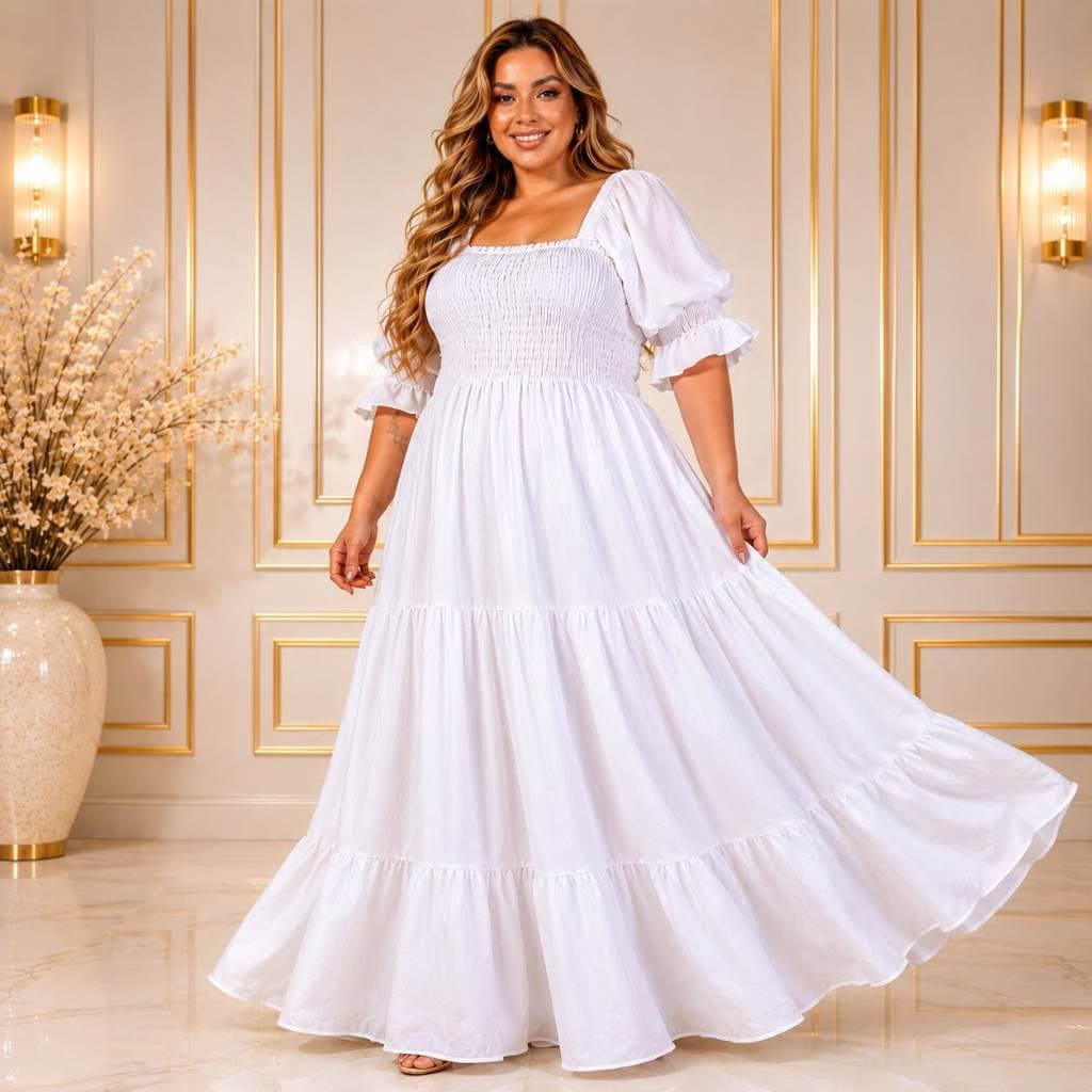 Vestido longo plus size soltinho chá de revelação lastex no corpo com mangas três marias