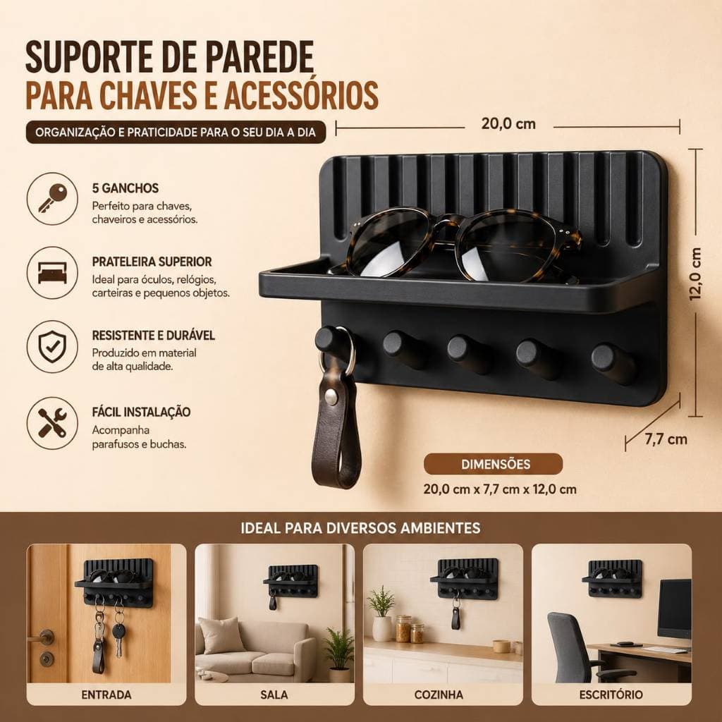 Porta Chaves de Parede com Prateleira Organizador Multiuso 5 Ganchos Preto Fosco Decorativo