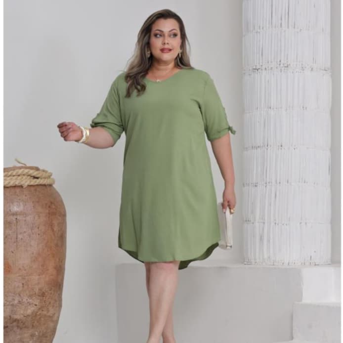 Vestido Feminino Plus Size Amarração na Manga Tecido Viscolinho