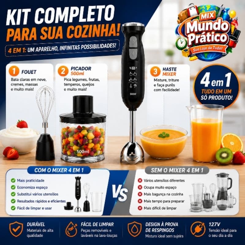 Mixer de Mão Elétrico 4 em 1 Multifunção - 127v