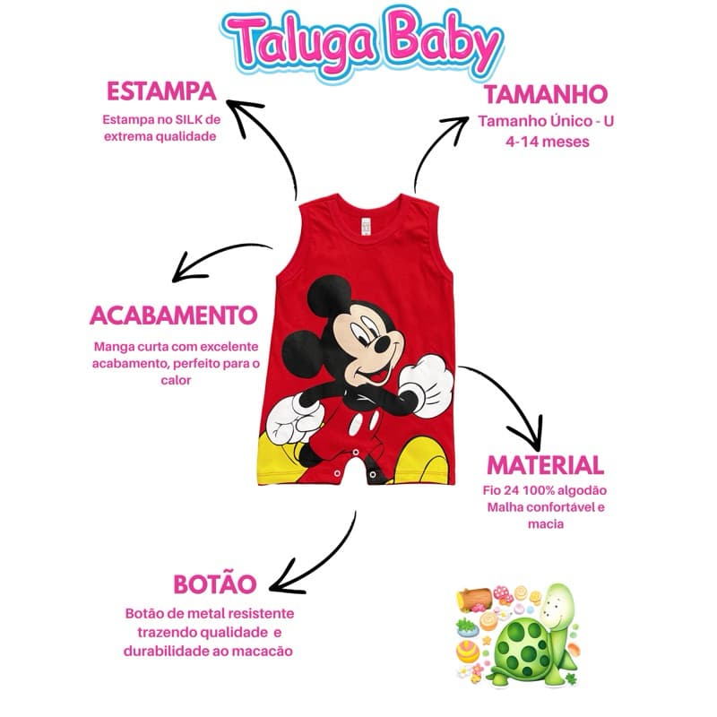 Macacão manga curta, romper, banho de sol infantil estampado de personagens 1 ano masculino feminino