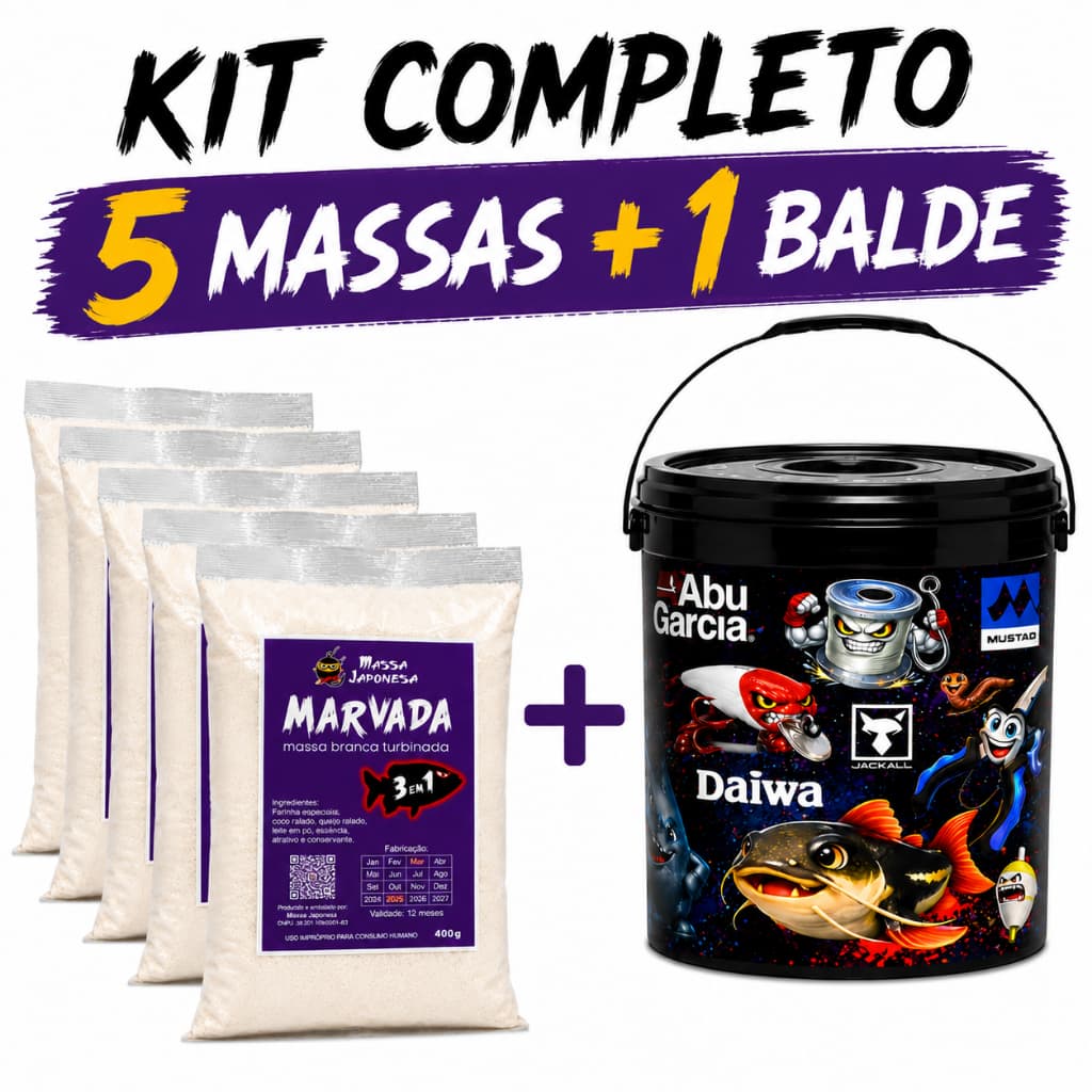Kit Balde De Pesca 20L + 5 Massa Japonesa Marvada Branca 400g
