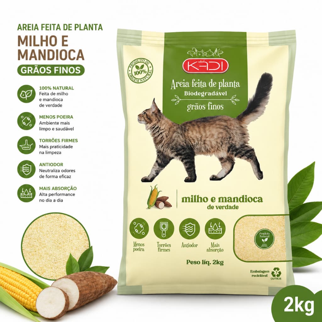 AREIA HIGIÊNICA BIODEGRADÁVEL KADI 2 KG - PARA GATOS - BASE MANDIOCA E MILHO GRÃOS FINOS