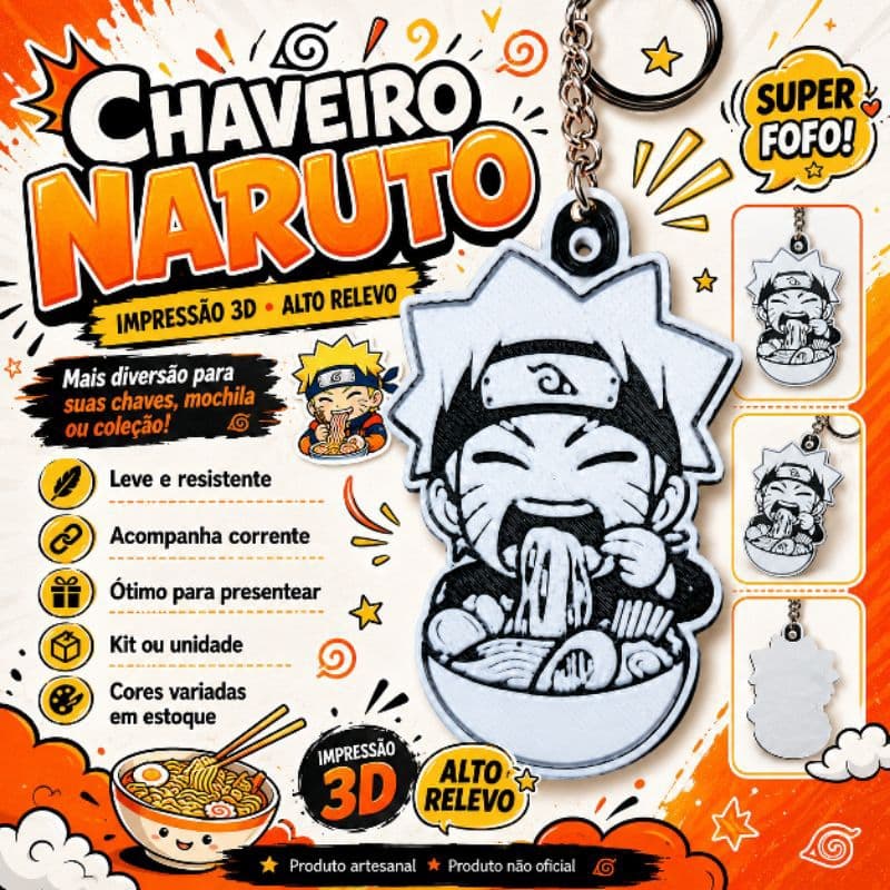 Chaveiro Ninja Inspirado em Naruto Comendo Lámen – Impressão 3D em Alto-Relevo