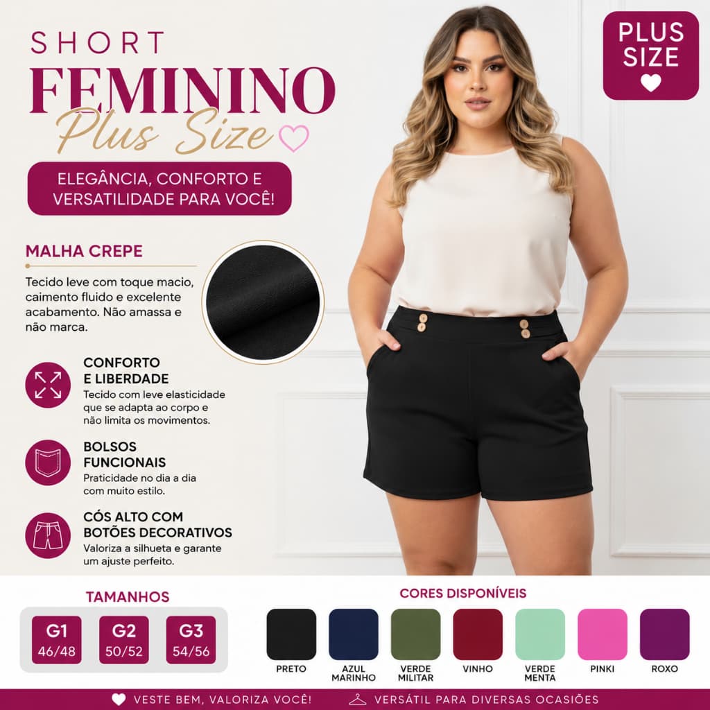Short Feminino Malha Crepe Plus Size G1 G2 G3 Tem Botões Na Frente