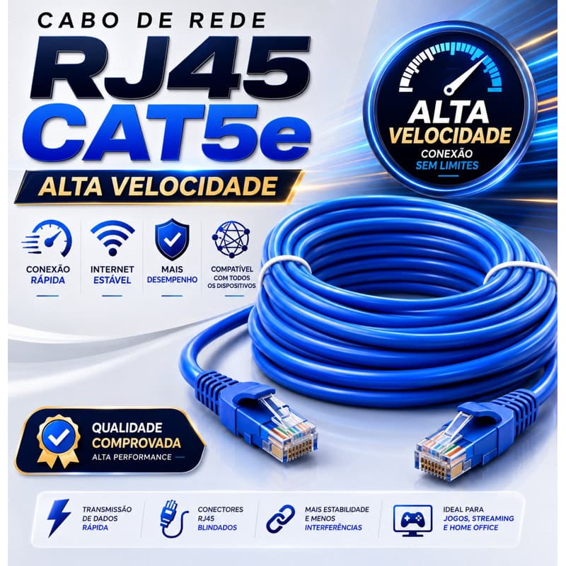 Cabo de Rede Ethernet 20m Cat5e LAN RJ45 Crimpado Pronto para Uso Internet Rápida
