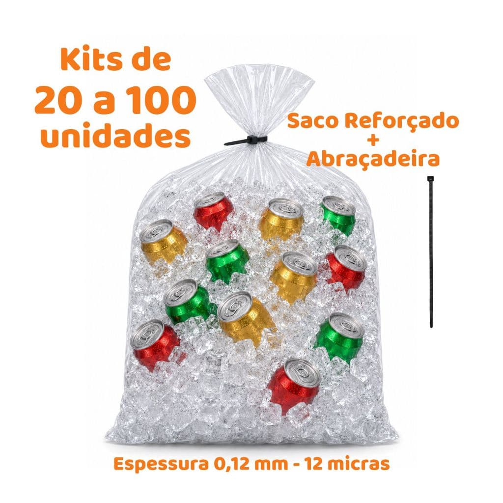 Saco Transparente Gelo Adega Bebida 40 X 60 X 010 + Abraçadeira - 20 a 100 unidades