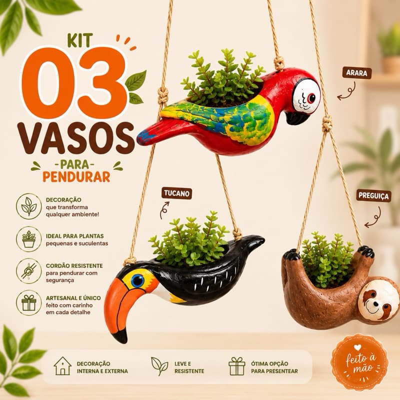 Cachepot Suspenso Em Cerâmica Para Planta Kit 3 Peças Arranjo Suculenta Corda Vaso Decorativo Bichos