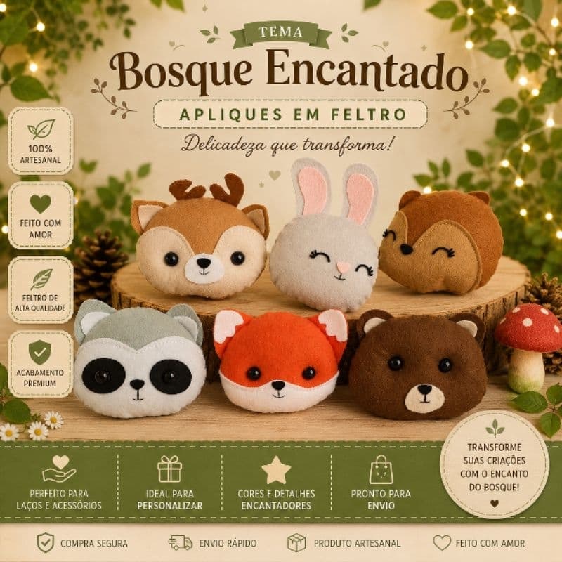 Apliques em Feltro Animais do Bosque 🐻 Decoração Festa Infantil, Lembrancinhas, Aniversários, Floresta,
