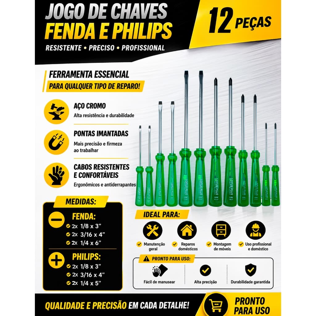 Kit Jogo Chave De Philips E Fenda com 6 ou 12 peças De Aço Profissional Imantadas Reforçadas