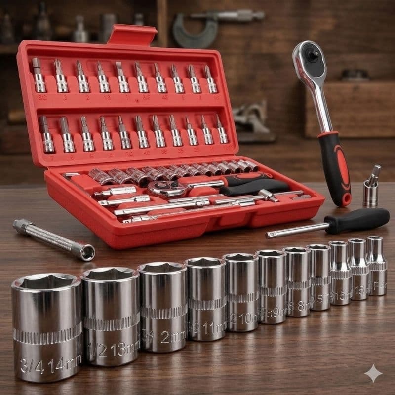 Kit De Ferramentas 46 Peças Jogo De Soquetes Chave Catraca Reversível Com Maleta Jogo De Ferramentas Completo