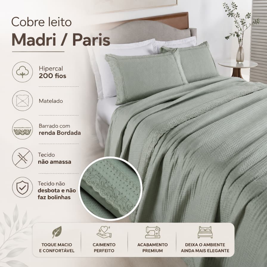 Colcha Cobre Leito Queen 3 peças percal 300 Fios com Bordado LUXO MADRI VIVERE Avela