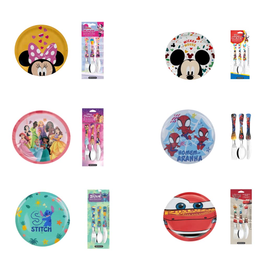 Kit Infantil Personagens 2 Peças Prato Raso e Talheres