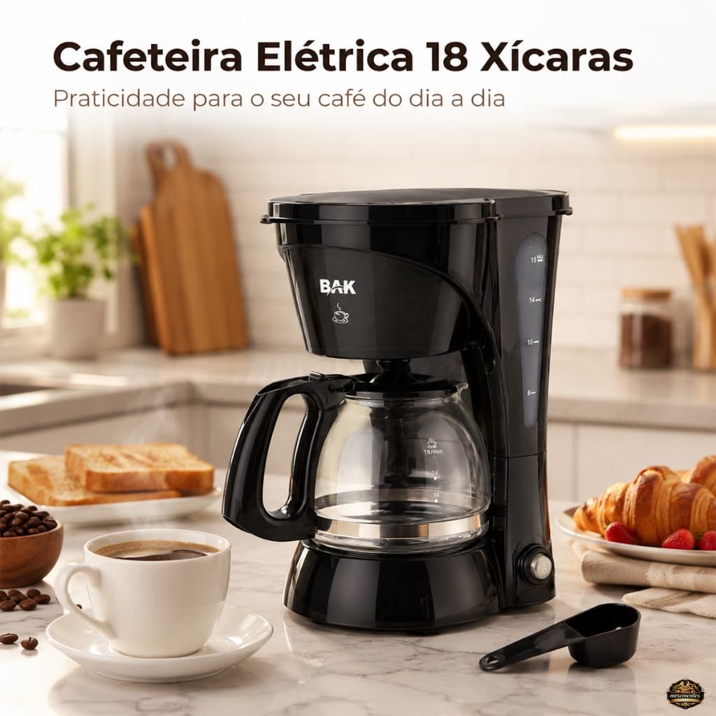 Cafeteira Elétrica 18 Xícaras BAK 600ml Preta Com Jarra De Vidro 127V Para Casa Escritório Dia A Dia