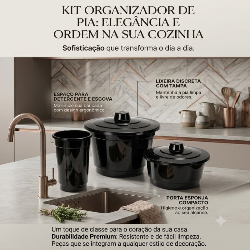 Kit Pia Cozinha 3 Peças Organizador Porta Detergente Porta Esponja e Cesto de Lixo