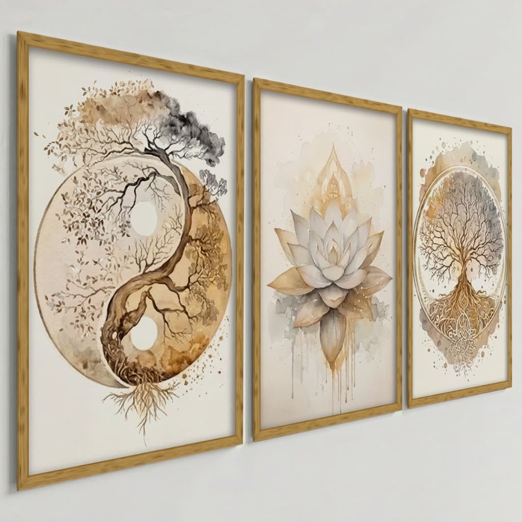 Kit 3 Quadros Decorativos Yin Yang Árvore da Vida Flor de Lótus Zen Espiritual Bege
