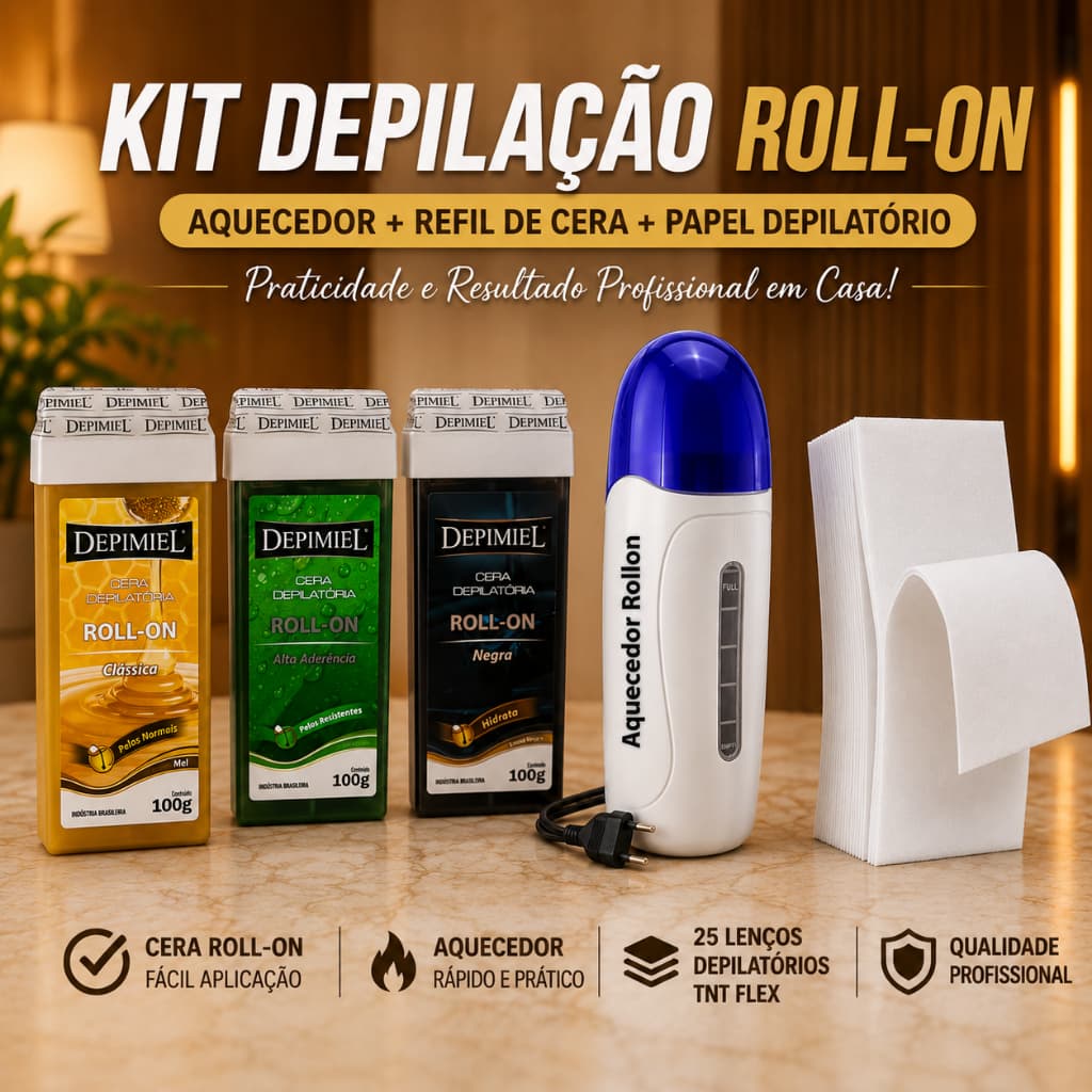 Kit Depilação Roll-On Completo Aquecedor Cera Quente Bivolt Refil Lenço Depilatório Removedor de Pelos Profissional