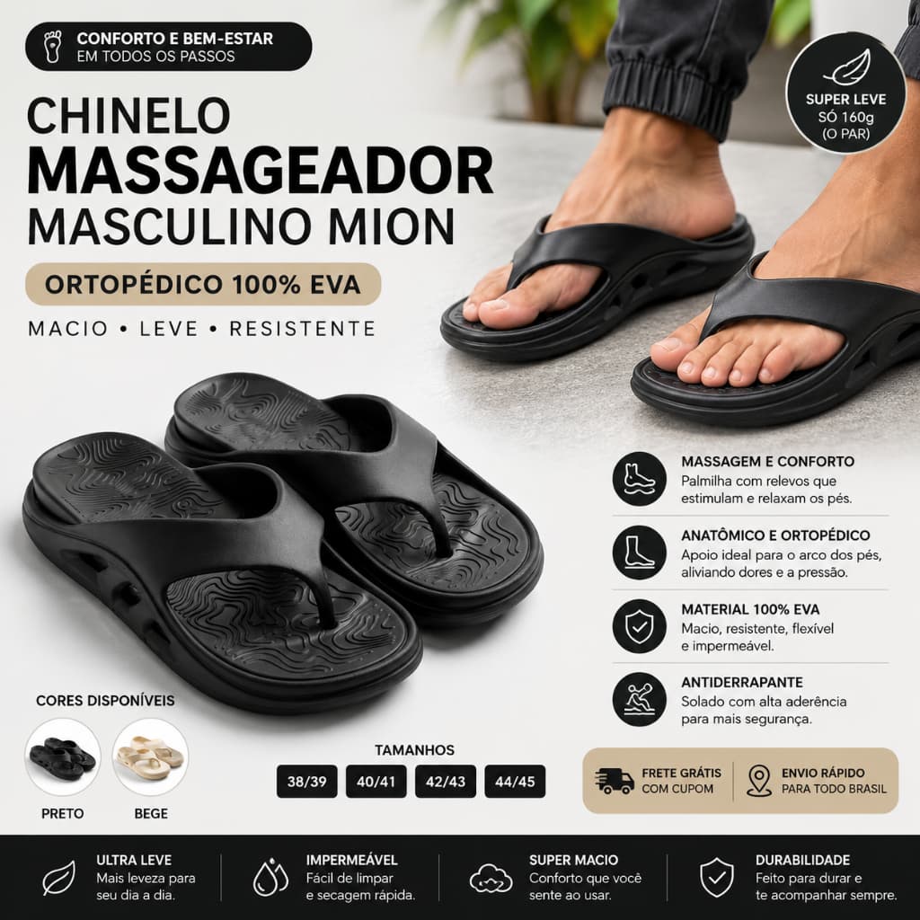 Chinelo Massageador Masculino Mion Ortopédico Macio 100% EVA Flip Flop