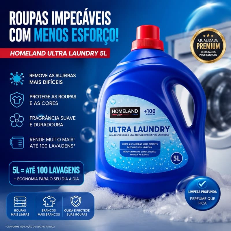 Sabão Líquido Homeland Ultra Laundry 5L  Até 100 Lavagens Limpeza Profunda e Perfume Duradouro
