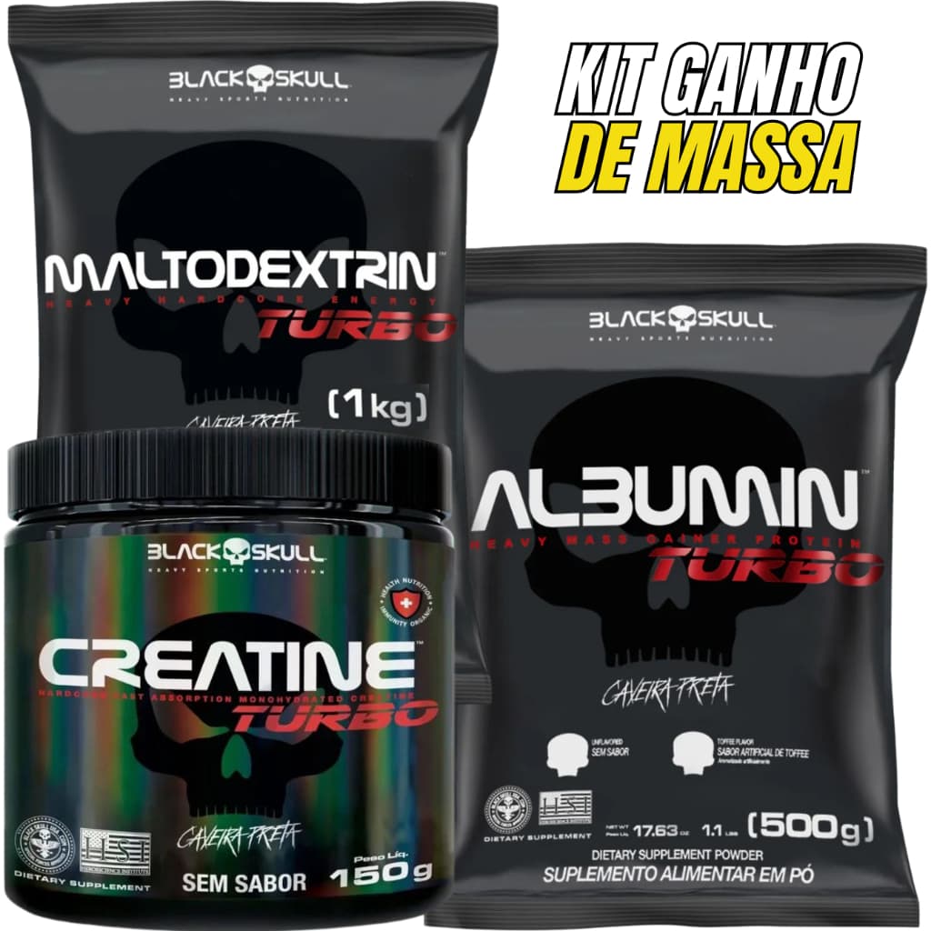 Kit Albumina Proteina Turbo 500g + Maltodextrina Turbo 1kg + Creatina turbo 150g Black Skull - Força e Ganho de Massa