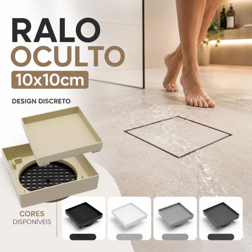 Ralo Oculto 10x10cm Quadrado Invisível Banheiro Box Cozinha Lavanderia Antiodor Vazão Secagem Rápida