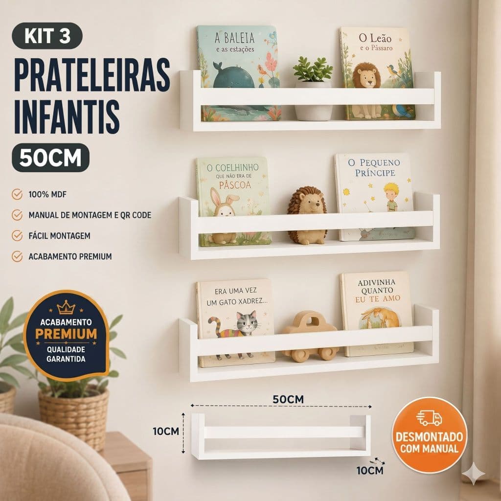 3 Prateleiras 50cm Decoração Branco Mdf Livro Revista Infantil