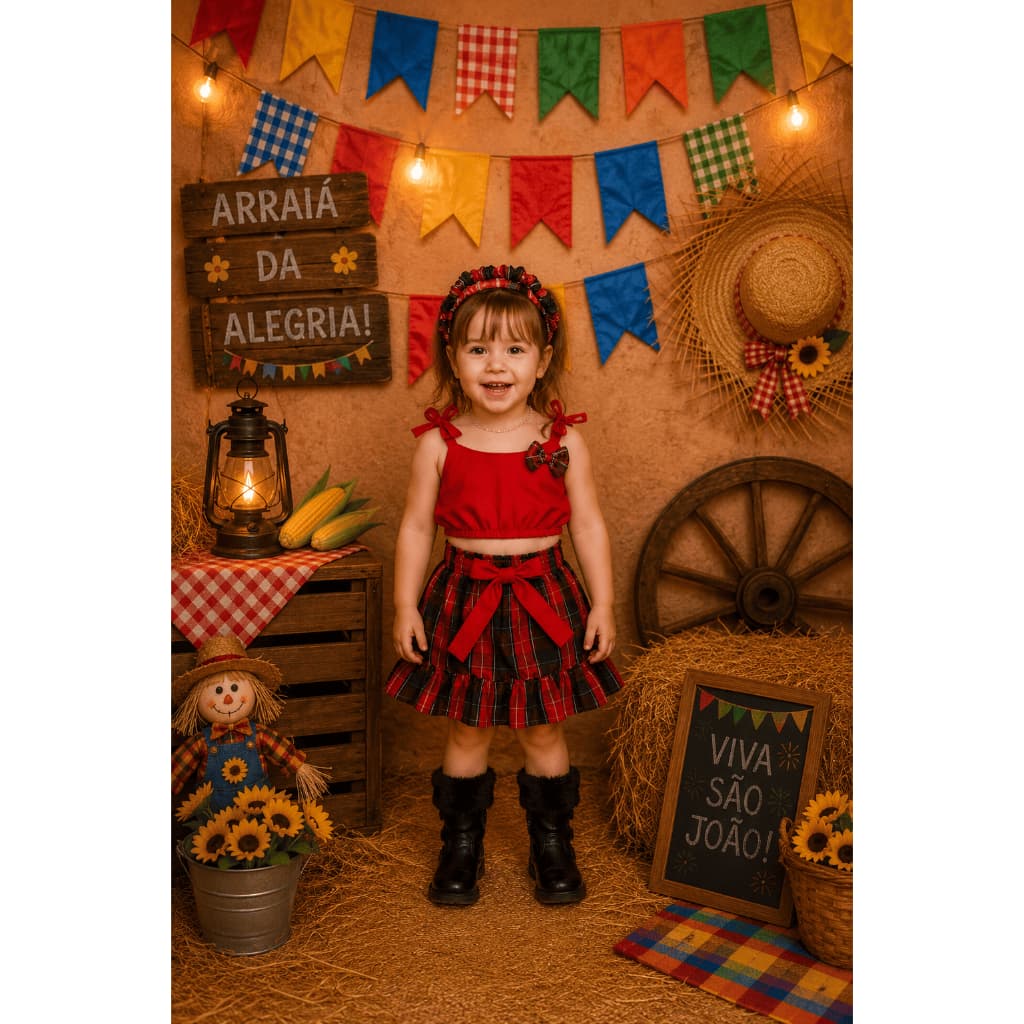 Conjunto Infantil Festa Junina Menina | Saia Xadrez com Cropped e Tiara Bebê Completo