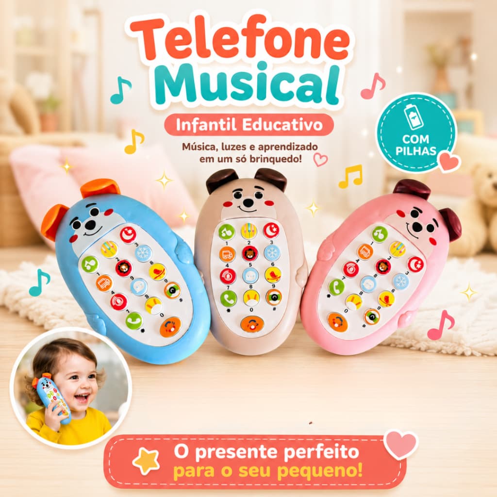 Telefone Musical Infantil Educativo - Brinquedo para Bebê com Luz e Som Com Pilhas