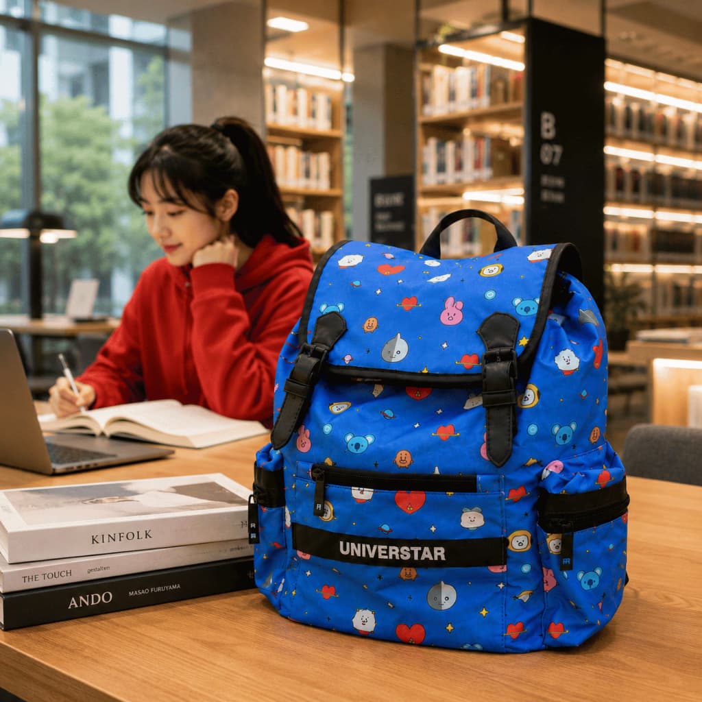 Mochila BT21 BTS Azul Escolar Faculdade Passeio Poliéster 32cm