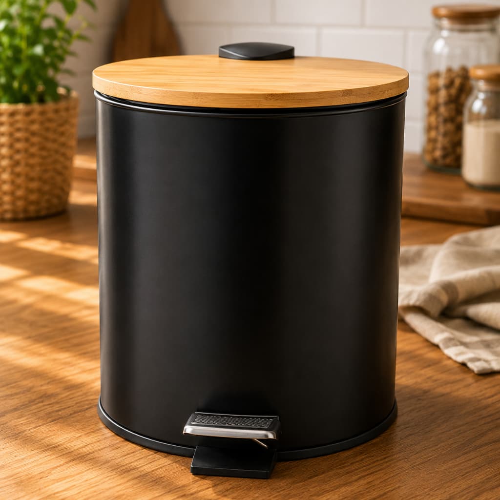 Lixeira 5 Litros com Pedal e Tampa de Bambu Preta para Cozinha Banheiro Escritório