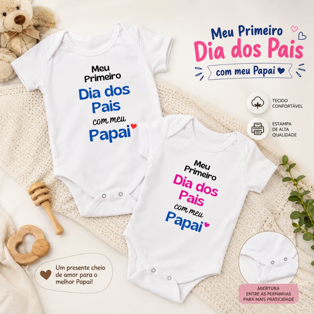 Body bebê manga curta estampa Meu Primeiro Dia dos Pais
