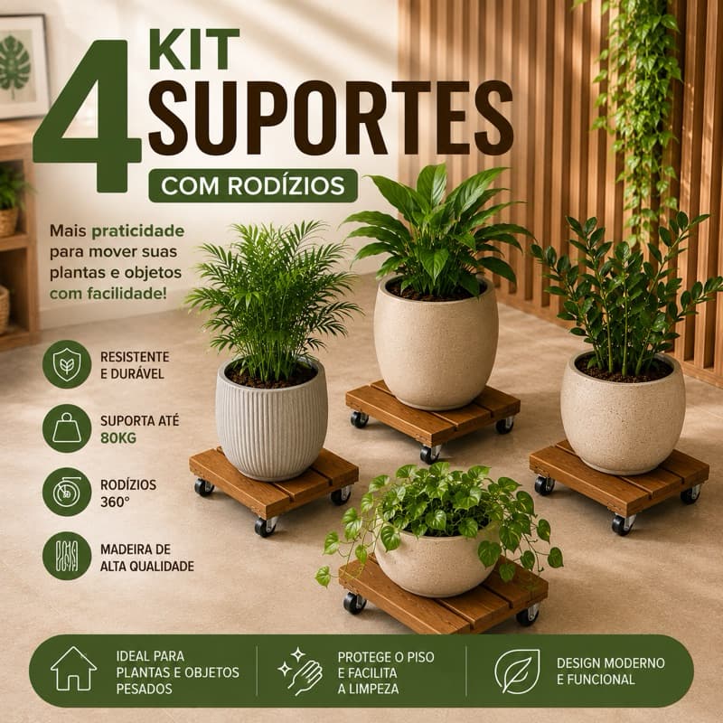 Kit 4 Base Suportes Vaso e Botijão  Madeira Tratada Rodinhas 360° 30 X 30 Cm, com Verniz imbuia e Suporta até 80 kg