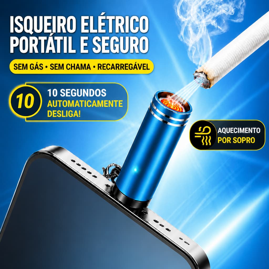 Mini Isqueiro Eletrônico Tipo-C Sopro Inteligente Portátil Desligamento Automático Seguro