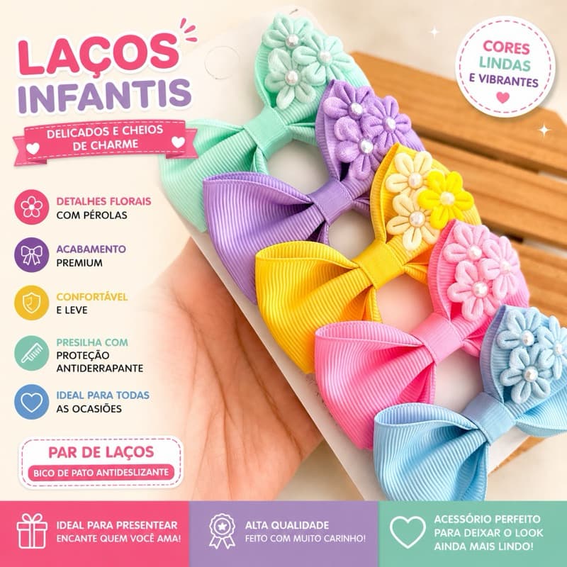 Kit Laços Infantis com Flores Aplicadas Presilha Antiderrapante para Meninas Acessório de Cabelo Infantil Colorido
