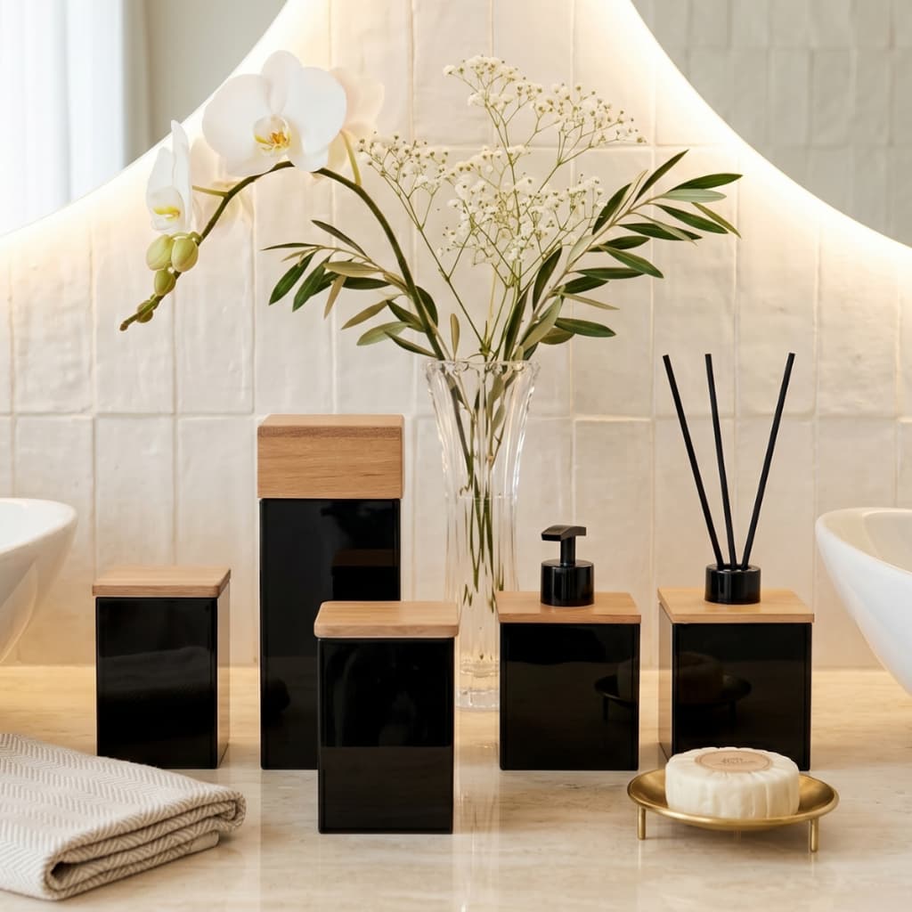 Kit Banheiro Lavabo Completo 5 pçs Porta Escova Saboneteira Difusor Porta Algodão