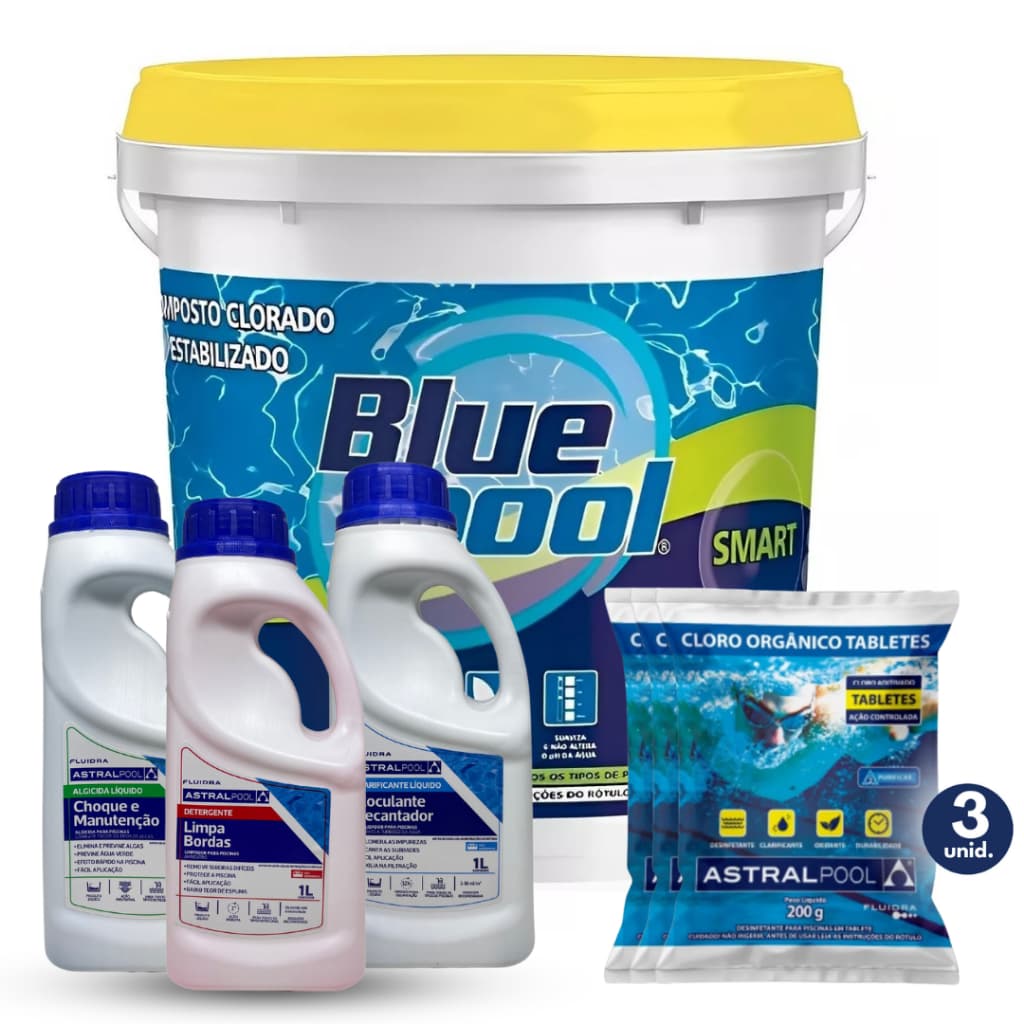 Balde Cloro Smart 7,5Kg Multiação Bluepool Limpeza Piscina + Produtos Auxiliares e 03 Pastilha Astral Pool 5 em 1 - 200g