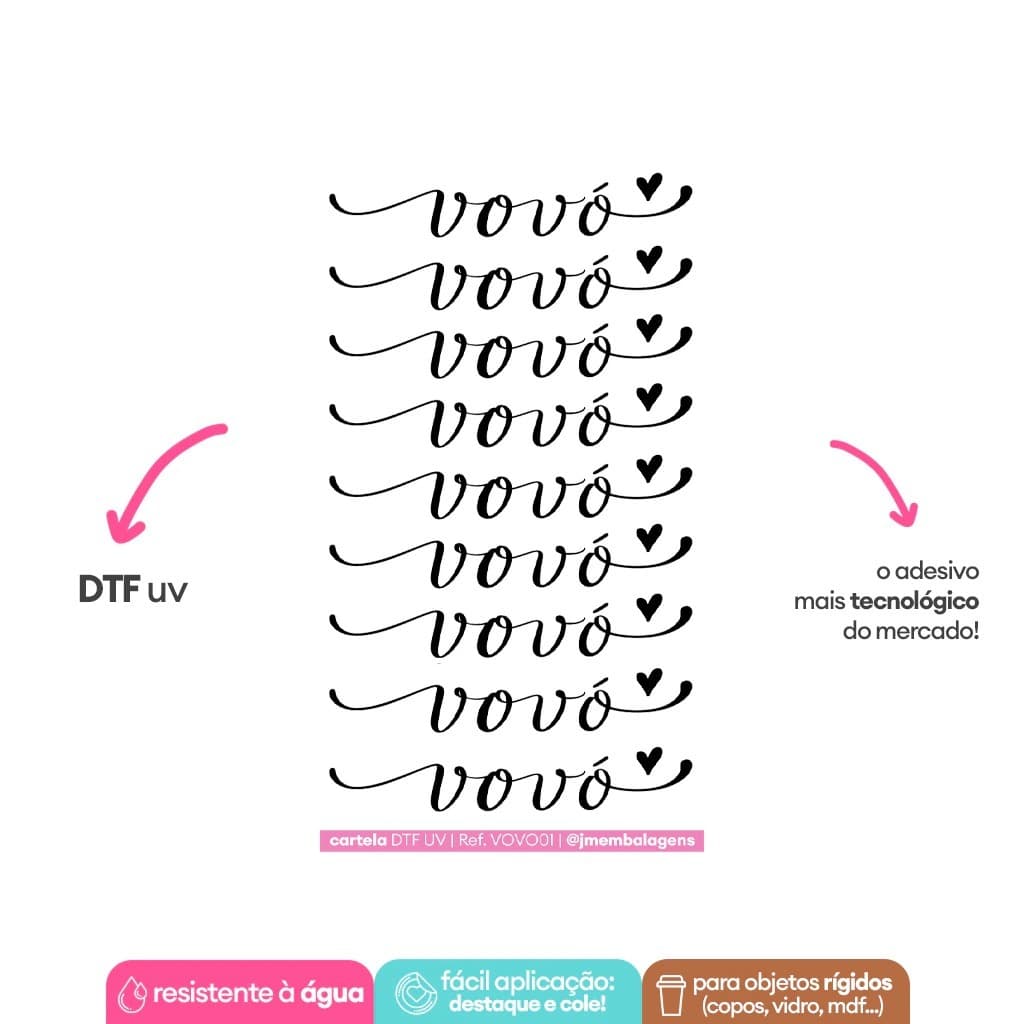 Cartela Adesivo DTF UV Dia dos Avós - Modelo Lettering "Vovó" em PRETO Ref. VOVO01 - 1 a 5 cartelas